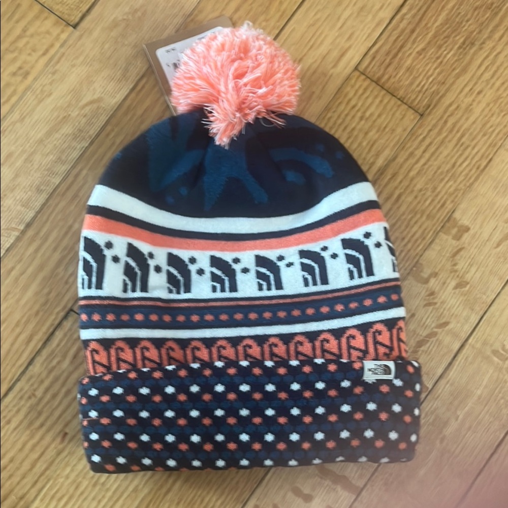 Navy and Coral Knit Beanie